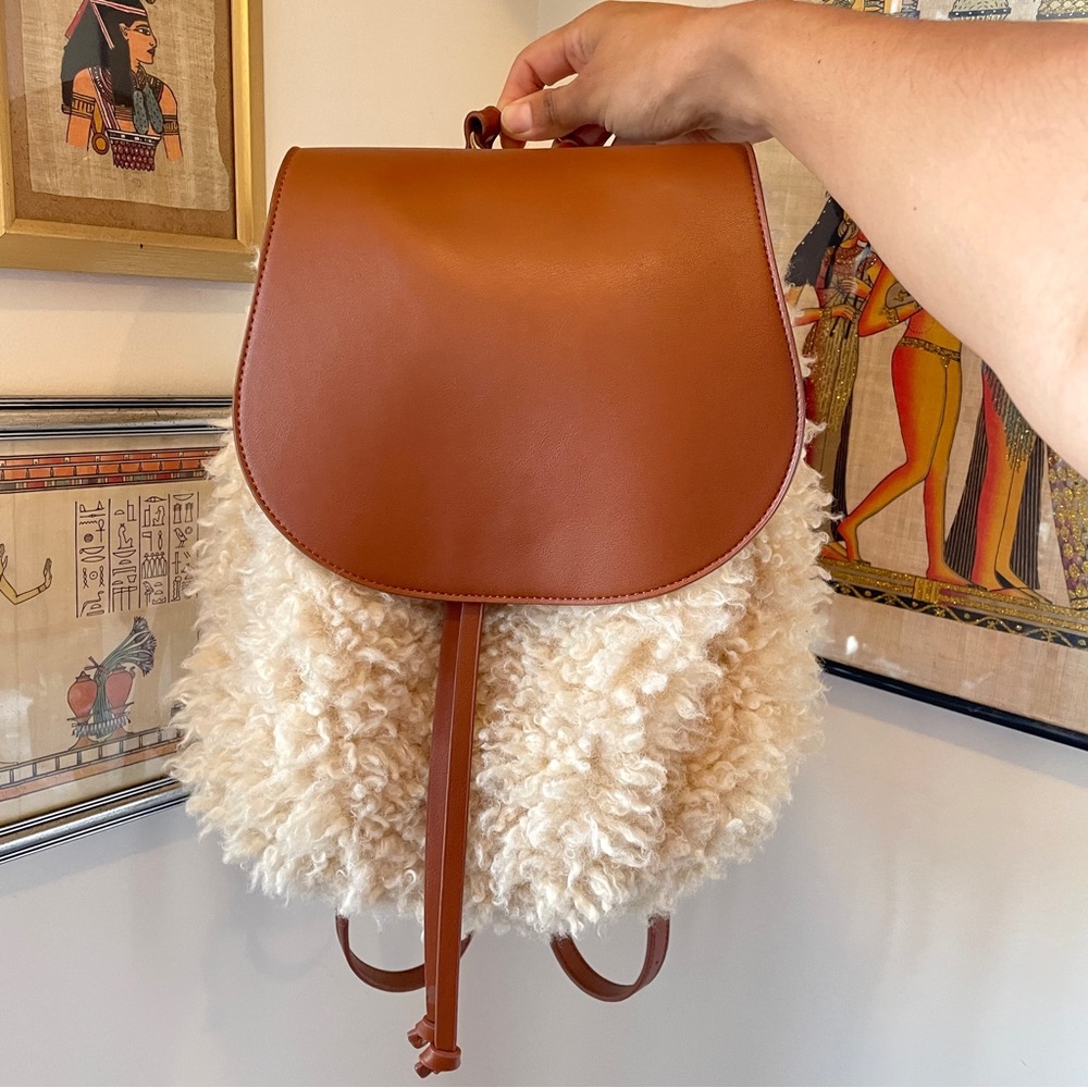 Vegan Faux Tan Brown Leather and Sherpa Fuzzy Mini Backpack Back Pack Purse
